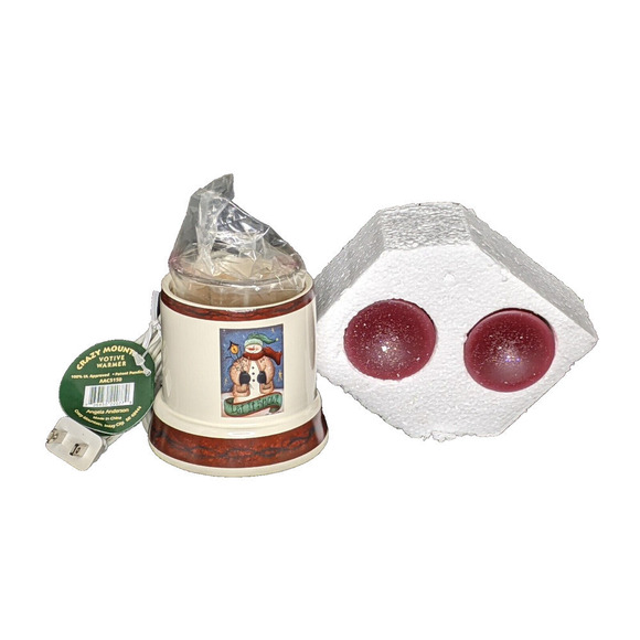 Crazy Mountain Votive Candle Warmer Snowman and 2 Candles 4.25"x 3.5" NEVER USED - Picture 3 of 4